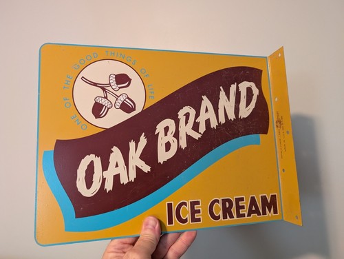 Antique Oak Brand Ice Cream Steel Double Sided Hanging Flange Dairy Farm Sign