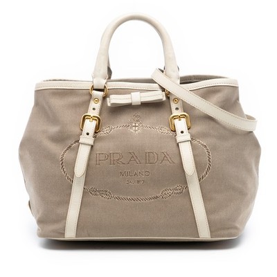 Prada Canvas Canapa Logo Bow Satchel Pre-Loved Weiß