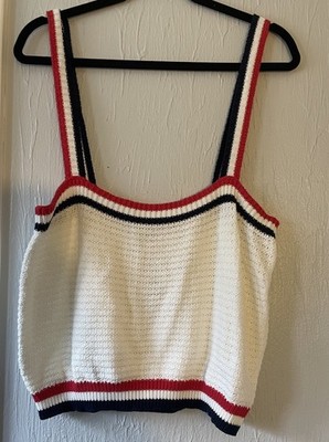 NWT Francesca's XL Knit Striped Cropped Tank Top White Red Blue Patriotic
