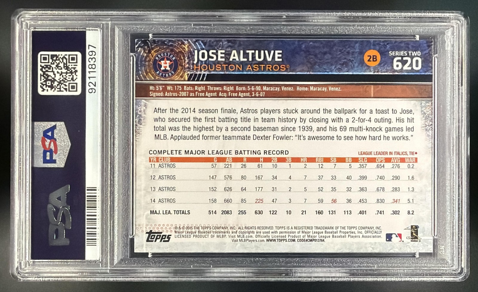 2015 Topps Jose Altuve #620 Astros PSA 10 view 2
