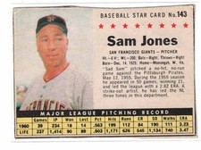 1961 Post #143, Sam Jones, San Francisco Giants, Box, Corner Crease