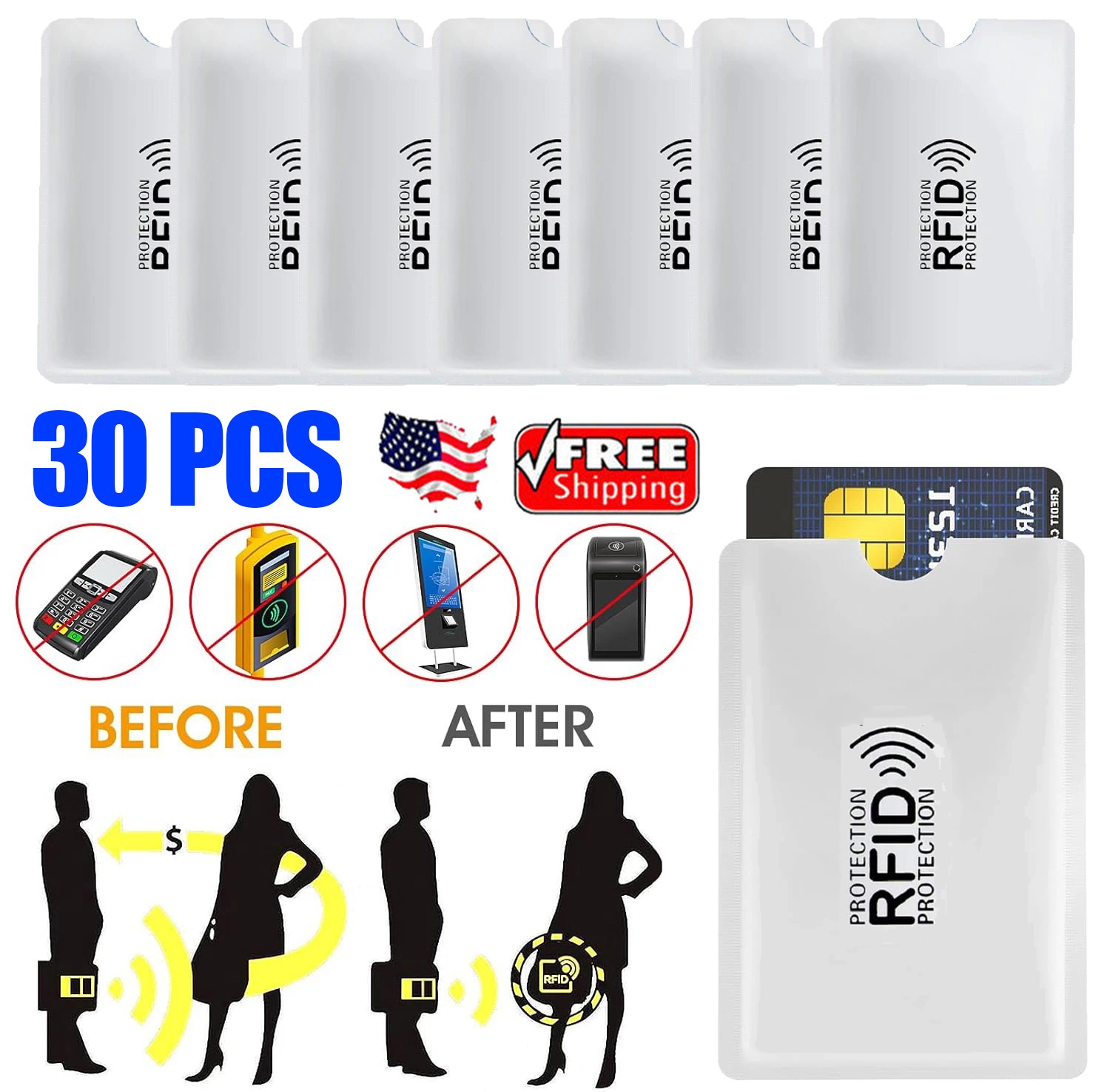 30pcs RFID Blocking Sleeves Secure Credit ID Card Holder Identity Theft Protect