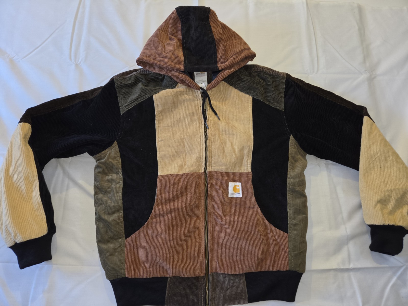 Reworked Patchwork Corduroy Hooded Jacket Quilted Lined 2XL Fits XL