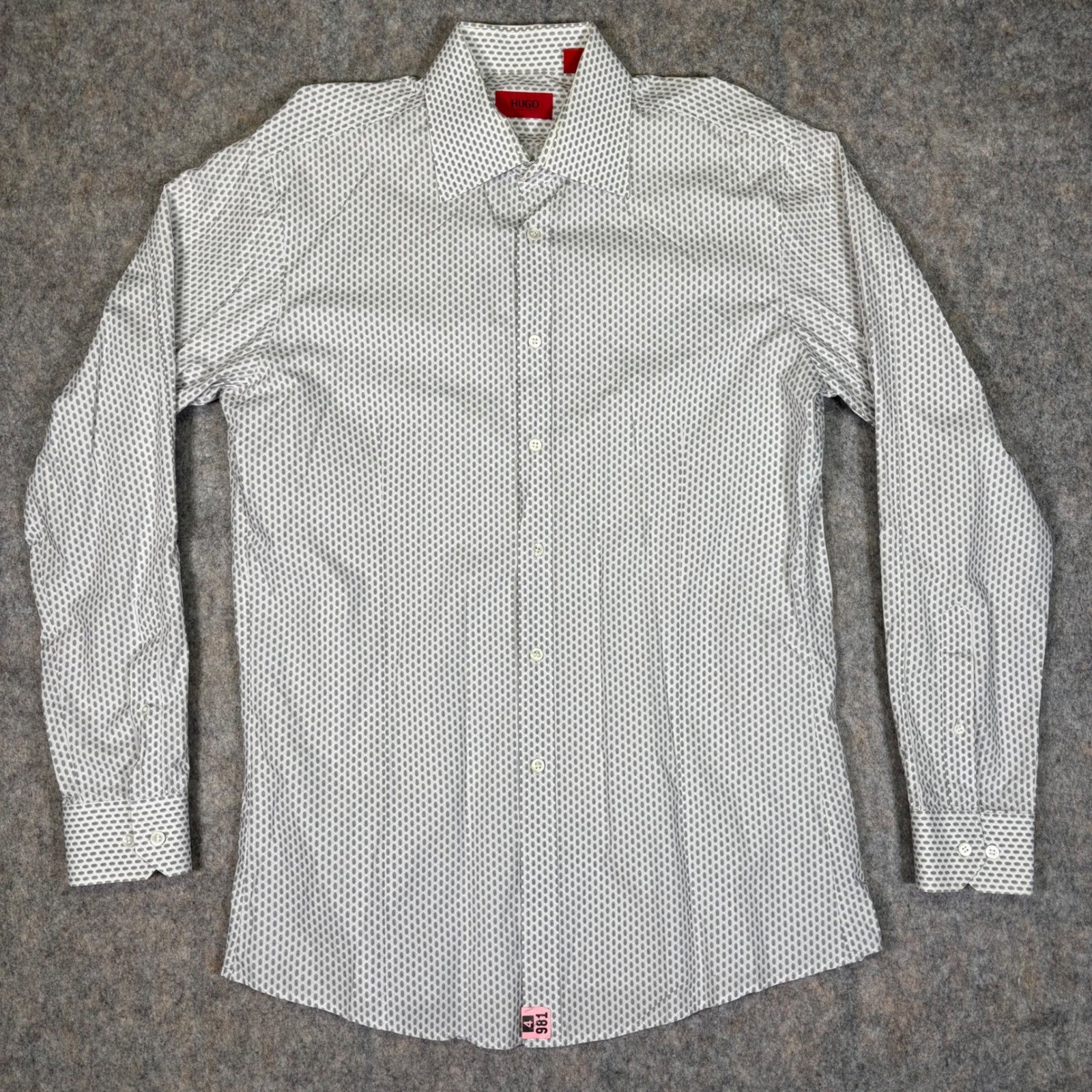 Hugo Boss Mens XL Grey White Geometric Print Long Sleeve Button Down Dress Shirt