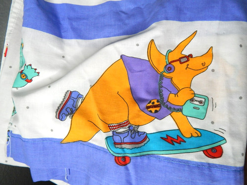 vtg 80s 90s COOL DINOSAURS skateboarding twin size bed sheet set flat & fitted
