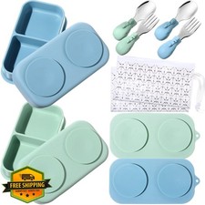 Uiifan 2pk Silicone Baby Suction Plate Set Divided Toddler Travel Blue/Sage