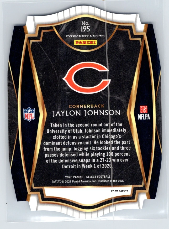 Select 2020 Premier Level Blue Die Cut Prizm Jaylon Johnson RC Rookie - Image 2 of 2