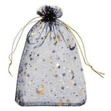 50 Pcs Organza Bag 5"x7" Sheer Moon Star Mesh Bags Drawstring Black-Gold