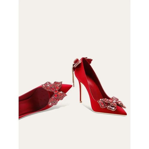 Women High Heels Chinese Red Tassel Rhinestone Fashion Wedding Shoes - Picture 2 of 8