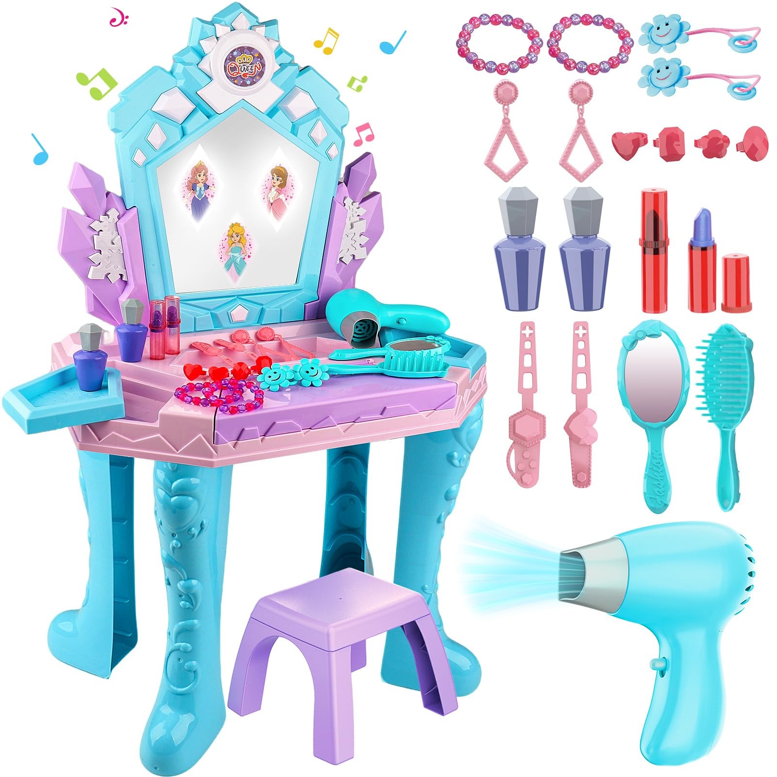 Toddler Frozen Vanity Table and Chair, Girls Magic Makeup Se