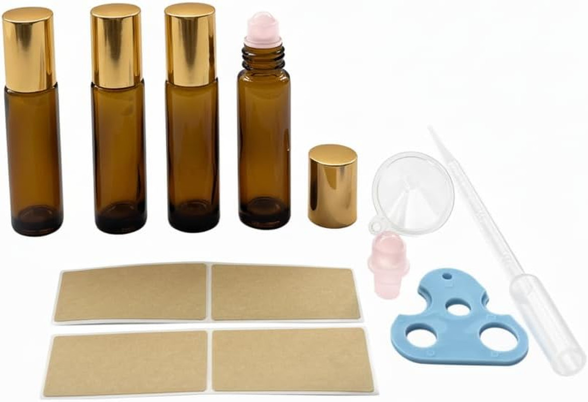 4 PACK Roller Bottles with Natural Rose Quartz Balls - 10Ml 