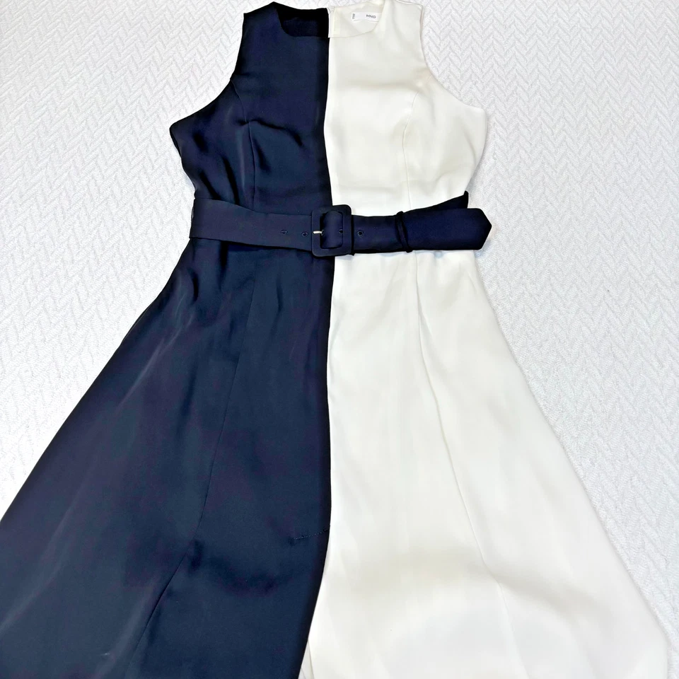 Vestido cinturón midi bicolor negro/blanco Mango para mujer talla mediana Foto 4 de 4