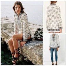 Tory Burch FAB! Kingfish Print Sequin Embellished Ivory Cotton Tunic Size 2