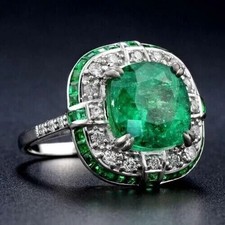 Art Deco Style 4.50CT Cushion Real Emerald Vintage Halo Wedding Ring 925 Silver