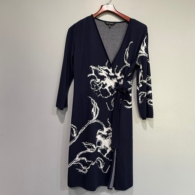 Ming Wang Navy Blue White Floral Knit Wrap Dress 3/4 Sleeve Small RN73924