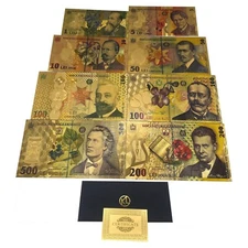 8pc Gold Color Banknote souvenir 1-500 Lei Romanian Currency  Romania Banknote