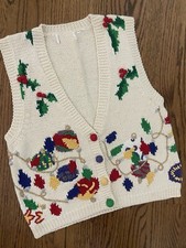 Vtg White Christmas Ugly Christmas Sweater Vest String Lights S M Colorful