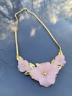 80s Trifari Necklace Pink Flower with Gold Tone Chain Vintage Floral Jewelry