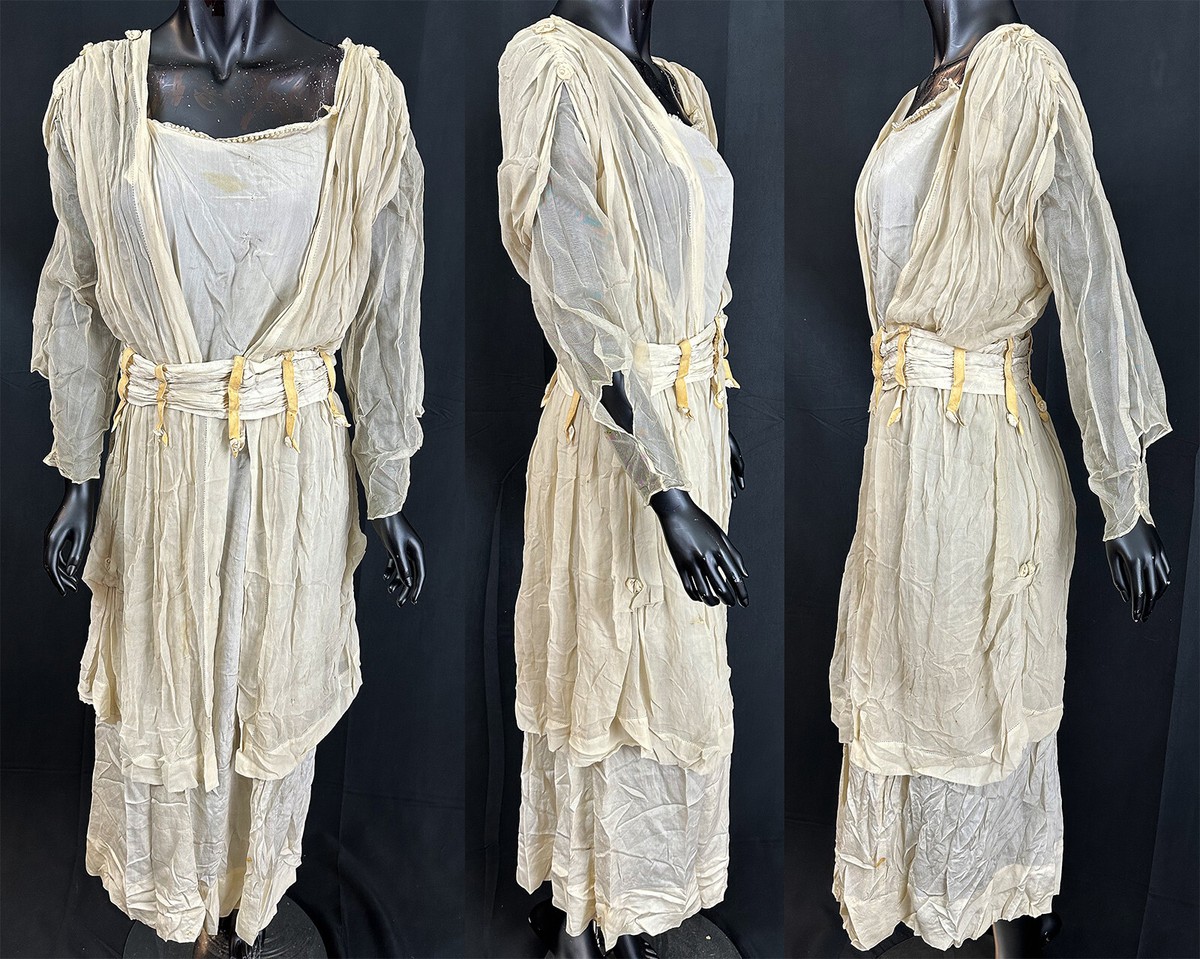 Vintage Titanic Ivory Silk Chiffon Rosette Belt Pearl Beaded Trim Grecian Dress Vintage Titanic Ivory Silk Chiffon Rosette Belt Pearl Beaded Trim Grecian Dress