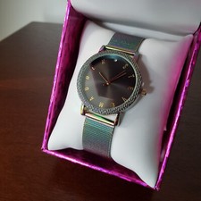 Steve Madden Women Iridescent Holographic Rainbow Metallic Mesh Strap Watch NWD