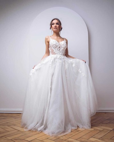Spaghetti Strap Wedding Dresses Layered Sleeveless Applique Lace A Line Split - Picture 2 of 20