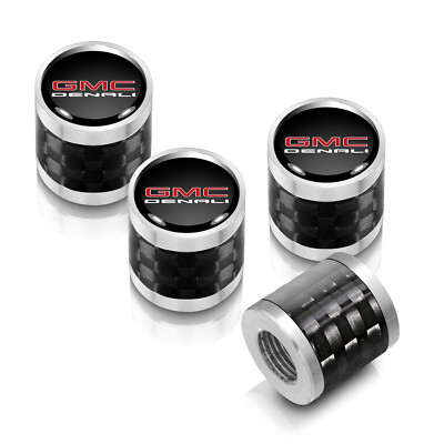 GMC Denali Nameplate in Black on Carbon Barrel Silver Aluminum Tire Valve Caps