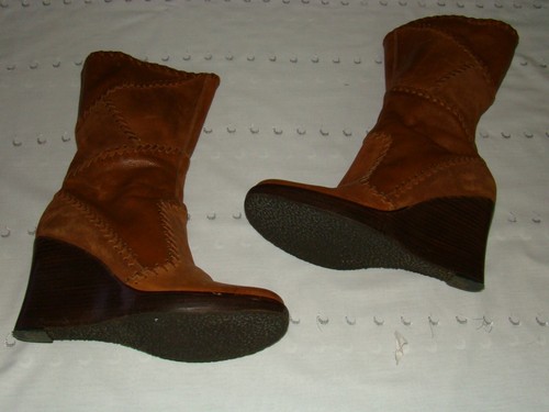 Faith Boots, Wedges, Mid- Calf, Designed Leather Upper, Size 8.5 Brown
