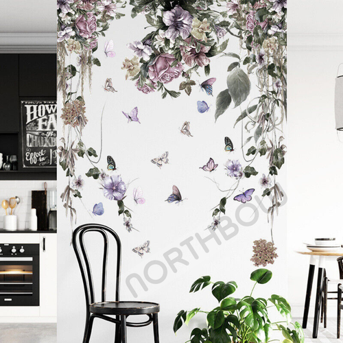 Beauty Floral Purple Flower Vine Wall Sticker Decal Rose Butterfly Corner Decor - Picture 6 of 7