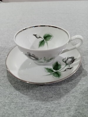 Vtg Stonegate Germany Bavarian Midnight Rose Cup and Saucer Set Platinum Trim