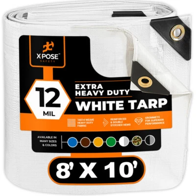 XPOSE SAFETY 8' x 10' Heavy Duty White Tarp Protective Cover, 12 Mil thick, Poly Tarpaulin
