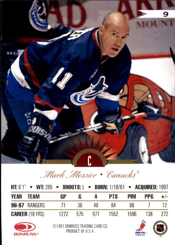 Mark Messier VANCOUVER CANUCKS 1997-98 Leaf International #9 Donruss - Image 2 of 2