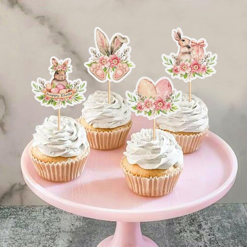 24 Pack Happy Easter Bunny Ear Cupcake Toppers Picks Rabbit Egg Cupcake for East - Picture 4 of 4