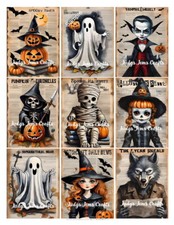 9 Halloween Retro Spooky Collage Glossy Stickers Scrapbook Label Parties 317S