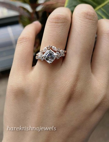 3CT Asscher Cut Lab-Created Diamond Engagement Wedding Ring Set 14K Rose Gold FN - Picture 5 of 6