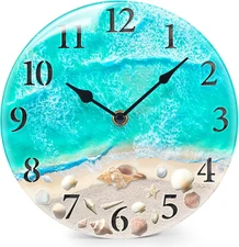 Coastal Nautical Glass Wall Clock with Seashell Design and Aesthetic Beach Theme