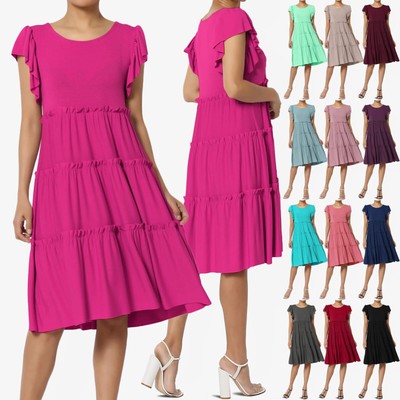 Women's Flutter Ruffle Cap Sleeve Tiered Jersey Babydoll A-Line Midi Day Dress