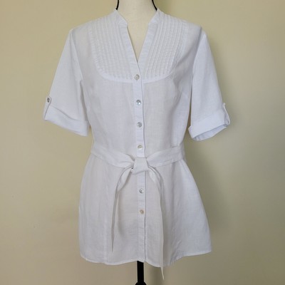 Linea 12 Linen Blouse Pintuck Button Front V-Neck Short Tab Sleeve Tie Belt