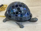 Vintage Tiffany Style Blue Stained Glass & Brass Turtle Lamp Works