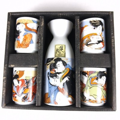 Vintage Japanese Shunga Sake Set Tokkuri Bottle & 5 Cups Erotic Ukiyo-e...