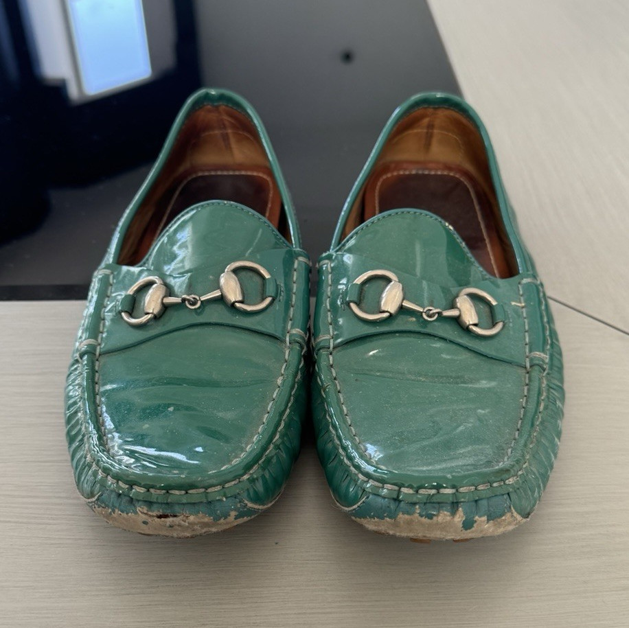 Gucci Green Patent Leather Women's Loafer Flats Slip-On with Metal Hardware