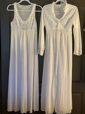 Shadowline White Nylon Vintage Lace Nightgown  Robe Set Small