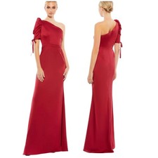 Mac Duggal NWT One Shoulder Tie Puff Sleeve Satin Trumpet Gown Deep Red Size 0