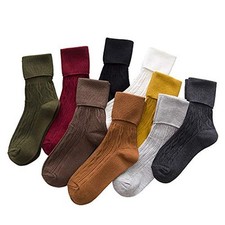 9 Pairs Women's Crew Socks Long Knit Turn Cuff Cotton Slouchy Calf socks for