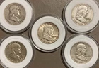 Lot of 5 - Franklin Half Dollar Coins- 90% Silver-1949- 1958(3) -1959-circulated