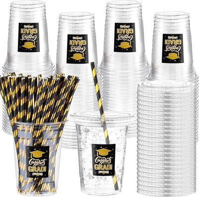 Class of 2026 Graduation Cups Lids Congrats Grad Decor Black Gold 50Pcs 16oz