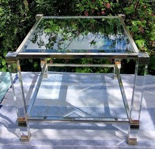 Pierre Vandel Paris Coffee Table Glass Brass Lucite Legs Hollywood Regency MCM 