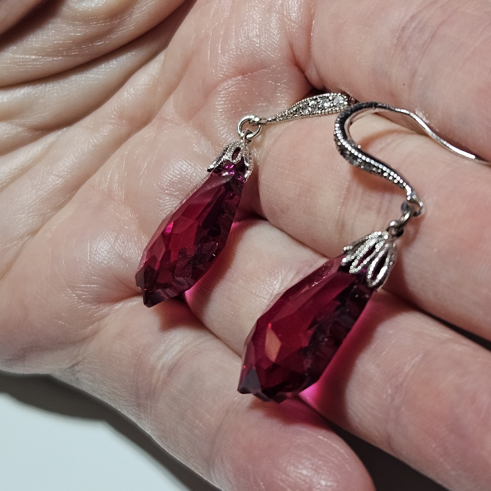 Vtg Sterling Silver Earrings Crystal Ruby Baroque… - image 2