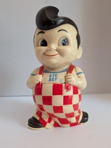 Vintage BIG BOY Coin Bank Rubber Plastic Checkered Overalls and Stopper