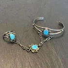 KC Navajo Child’s Cuff Connected Ring Sterling Silver Turquoise Vintage 5j