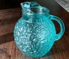 Vtg MCM Cottage Anchor Hocking Aqua Blue Glass Bubble Pitcher 9in Tall Ice Lip